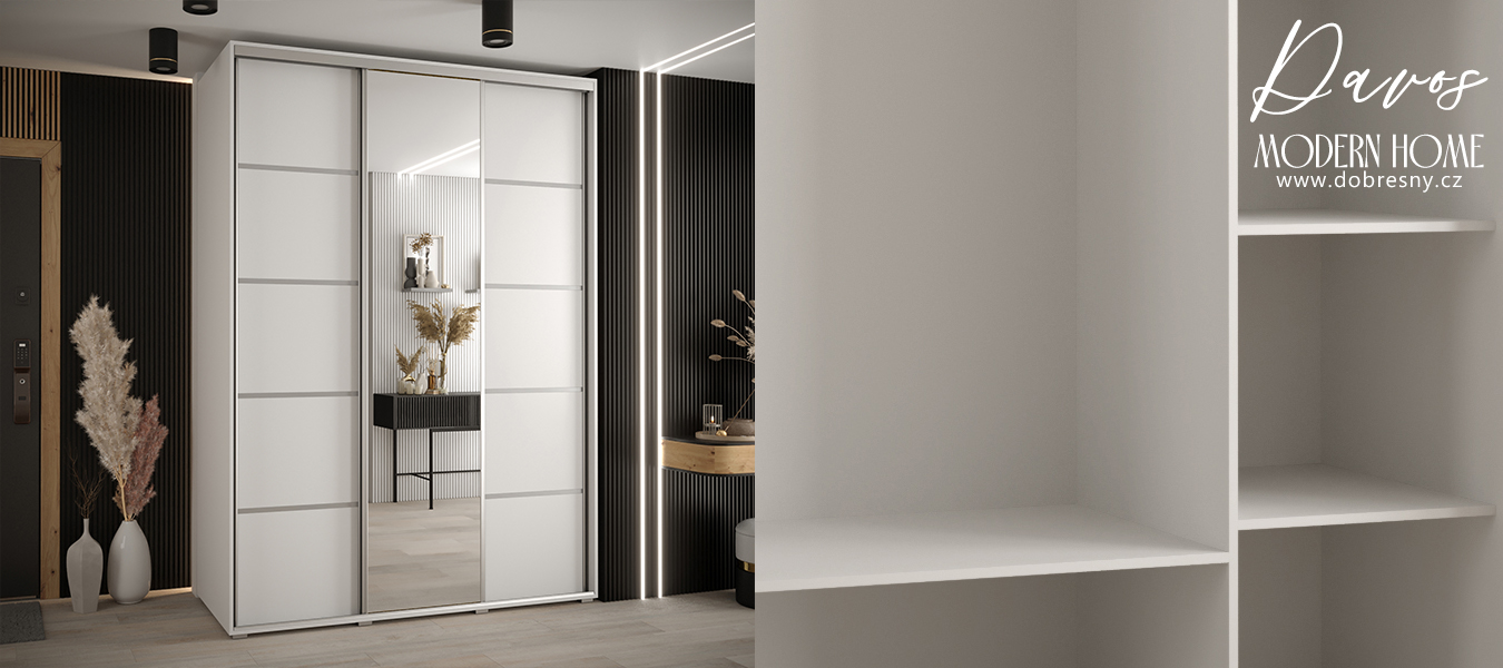 Šatní skříň DAVOS 5 posuvné dvěře a zrcadlo, 170×235×45, Bílá / stříbrné pojezdy