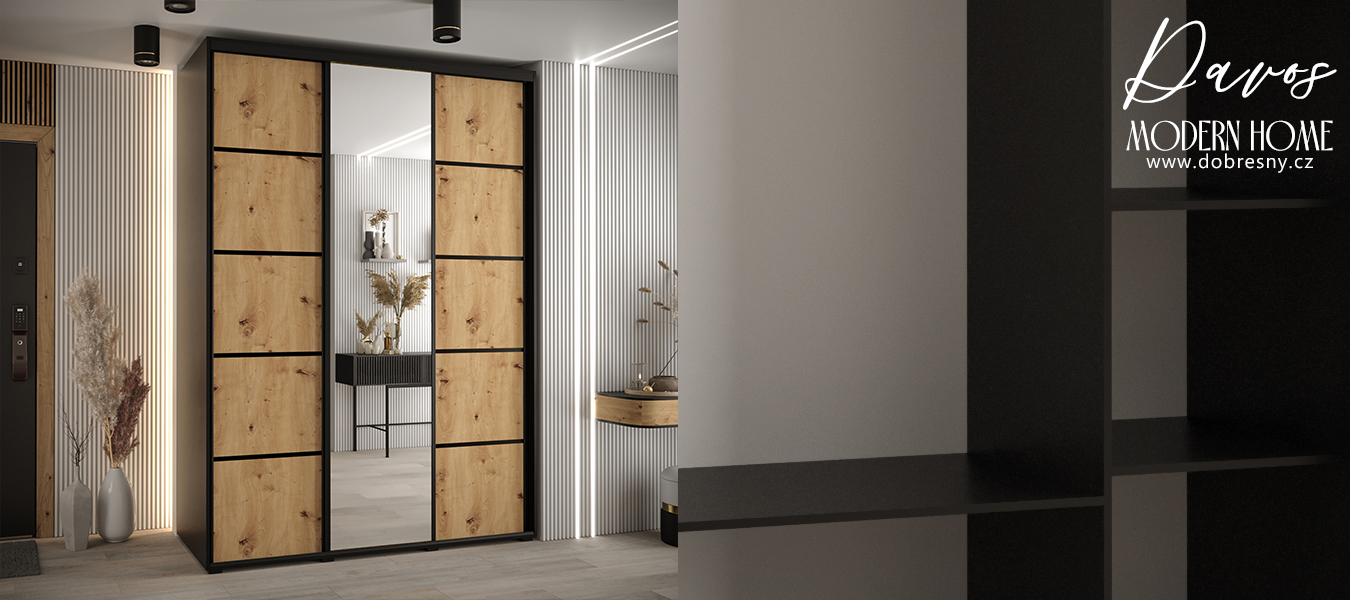 Šatní skříň DAVOS 5 posuvné dvěře a zrcadlo, 180×235×45, Černá / DUB Artisan / černé