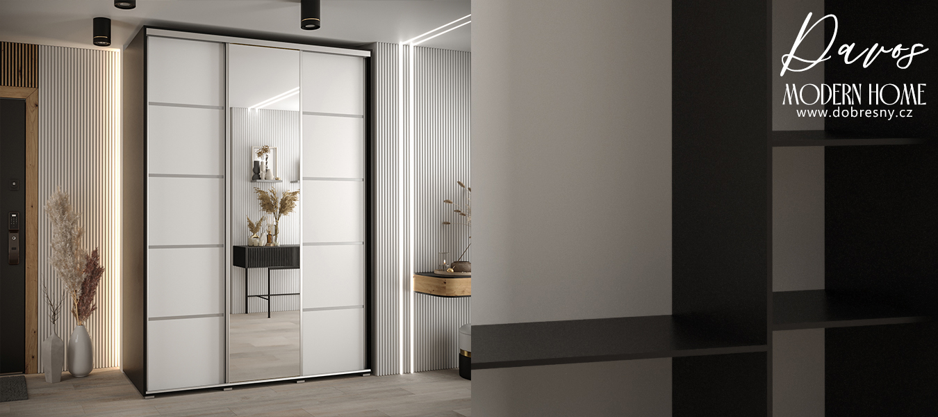 Šatní skříň DAVOS 5 posuvné dvěře a zrcadlo, 180×235×45, Černá / bílá / stříbrné pojezdy