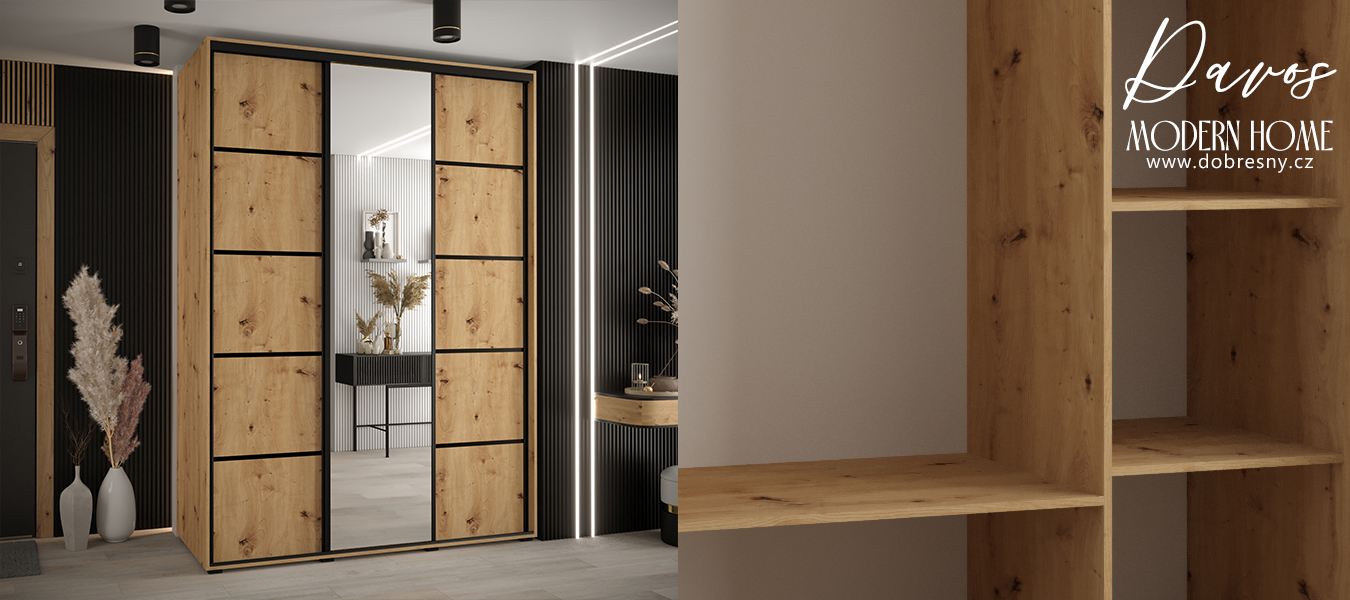 Šatní skříň DAVOS 5 posuvné dvěře a zrcadlo, 180×235×45, DUB Artisan / černé pojezdy