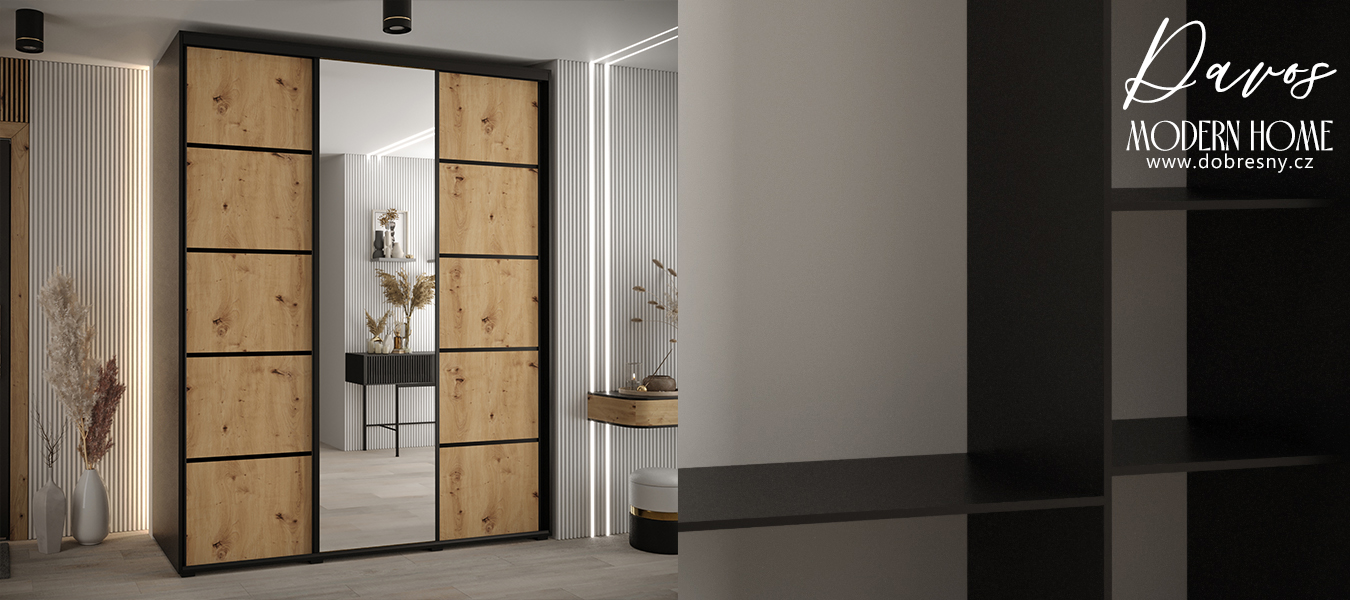 Šatní skříň DAVOS 5 posuvné dvěře a zrcadlo, 200×235×45, Černá / DUB Artisan / černé