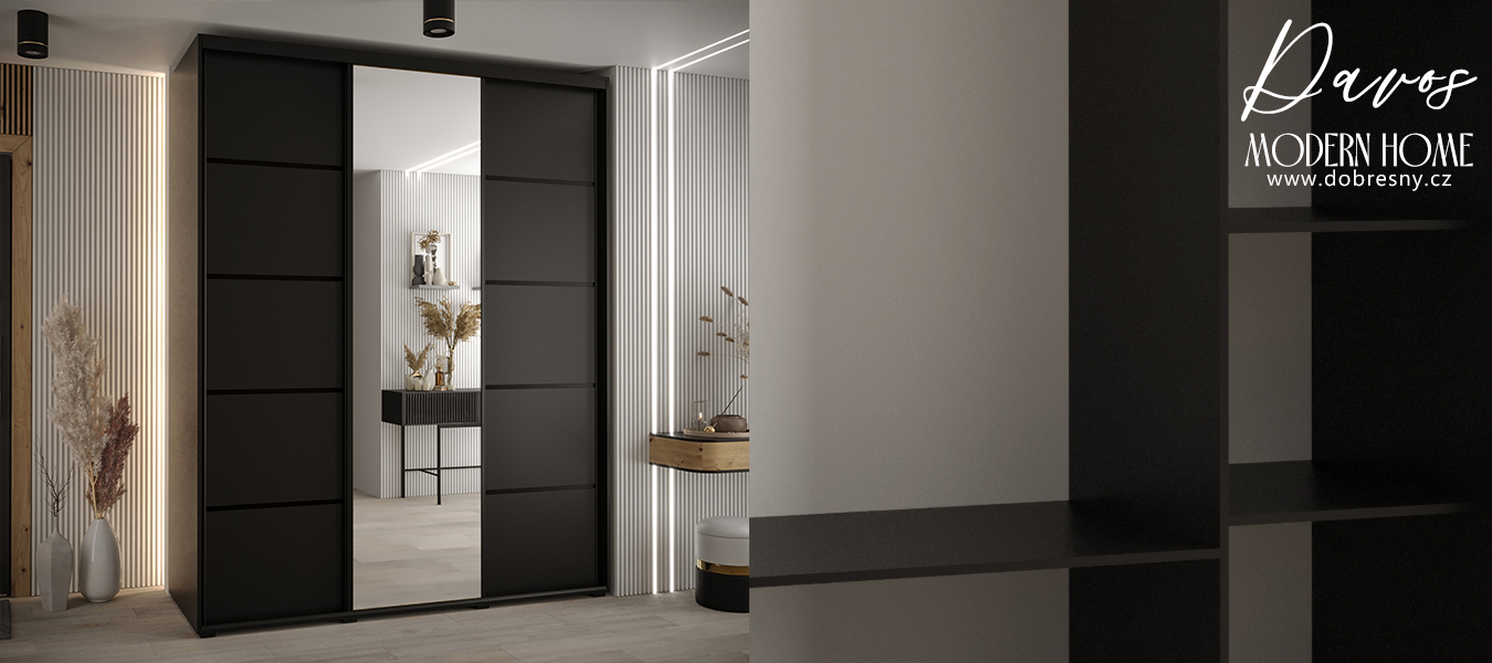 Šatní skříň DAVOS 5 posuvné dvěře a zrcadlo, 200×235×45, Černá / černé pojezdy