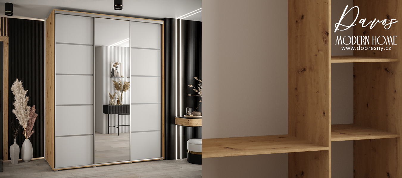Šatní skříň DAVOS 5 posuvné dvěře a zrcadlo, 200×235×45, DUB Artisan / bílá / stříbrné