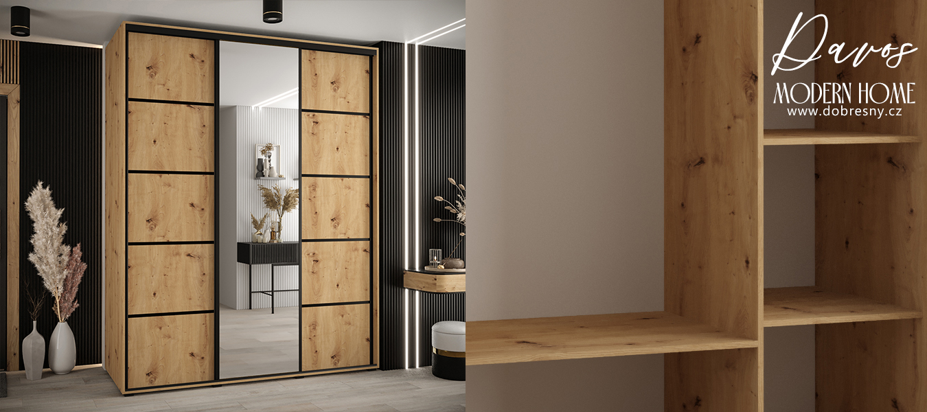 Šatní skříň DAVOS 5 posuvné dvěře a zrcadlo, 200×235×45, DUB Artisan / černé pojezdy
