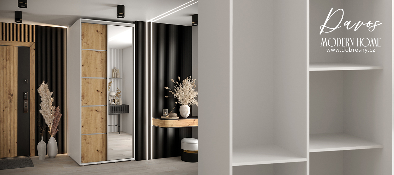 Šatní skříň DAVOS 5 posuvné dvěře a zrcadlo, 120×235×45, Bílá / DUB Artisan / stříbrné