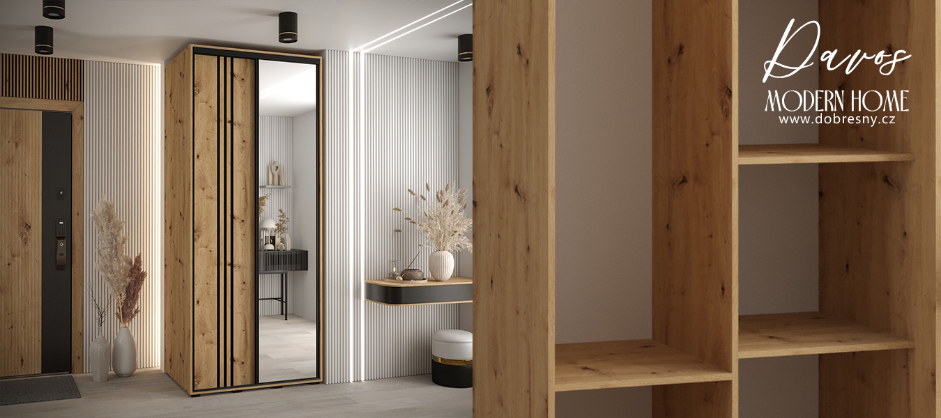 Šatní skříň DAVOS 7 posuvné dvěře a zrcadlo, 120×235×45, DUB Artisan / černé pojezdy