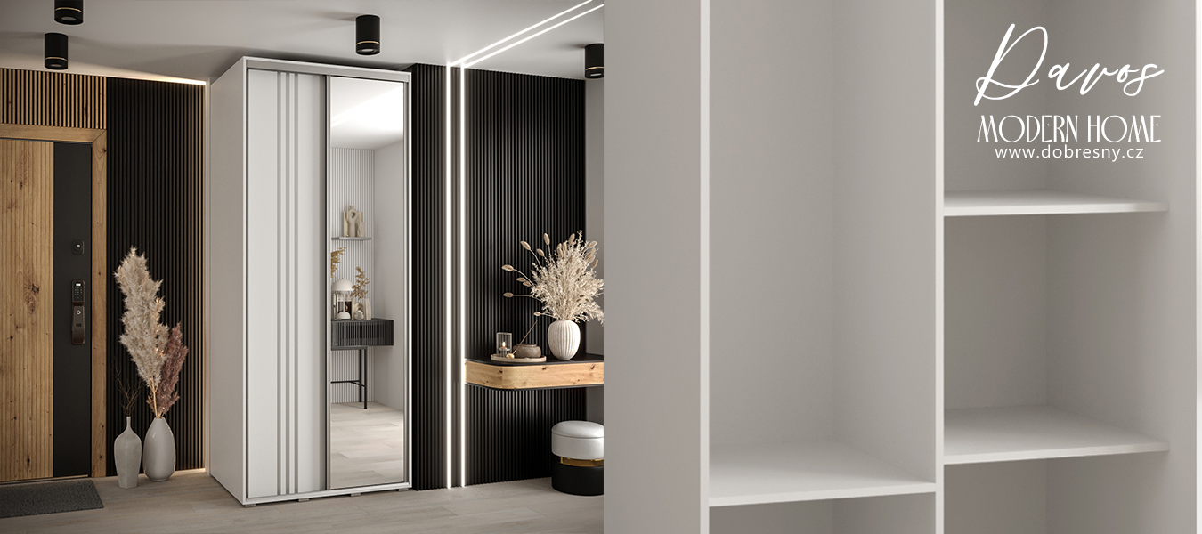 Šatní skříň DAVOS 7 posuvné dvěře a zrcadlo, 120×235×45, Bílá / stříbrné pojezdy