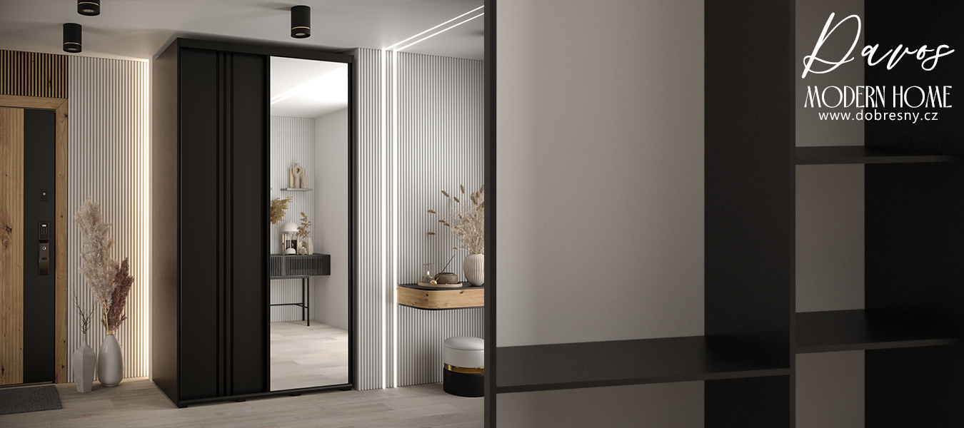 Šatní skříň DAVOS 7 posuvné dvěře a zrcadlo, 140×235×45, Černá / černé pojezdy