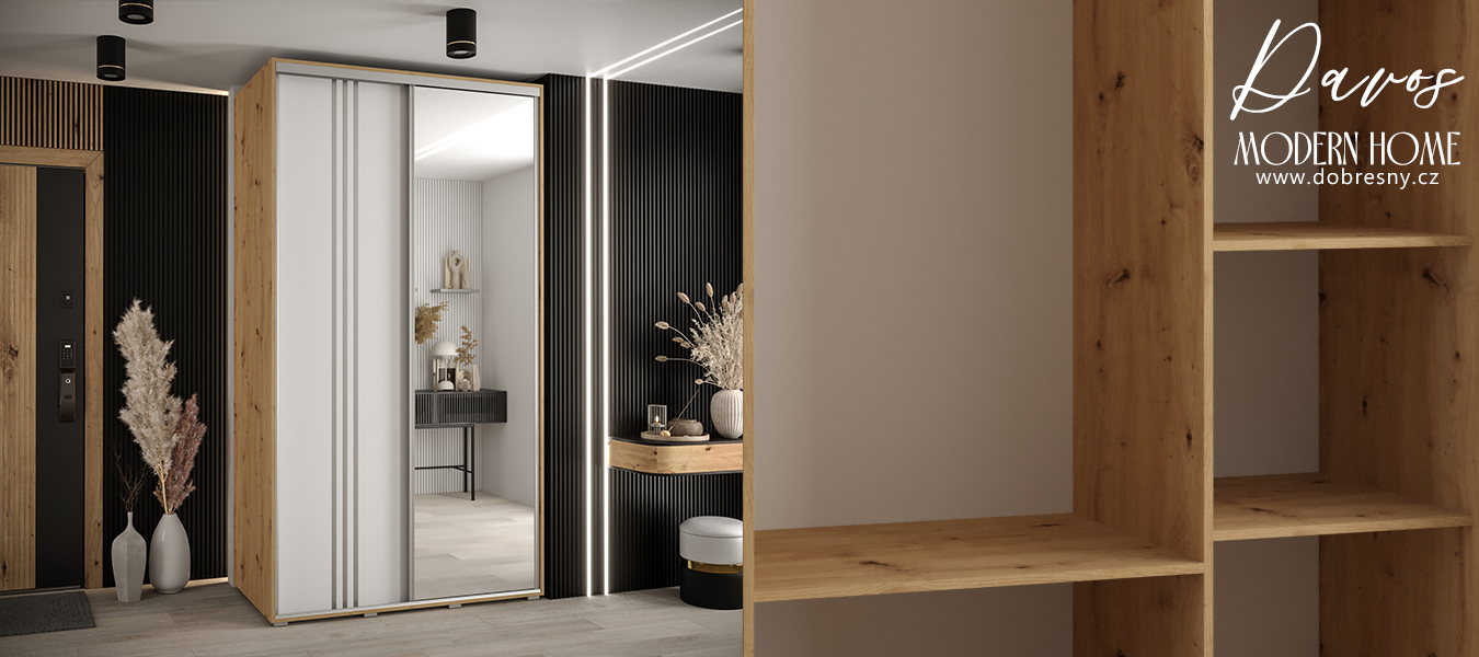 Šatní skříň DAVOS 7 posuvné dvěře a zrcadlo, 140×235×45, DUB Artisan / bílá / stříbrné