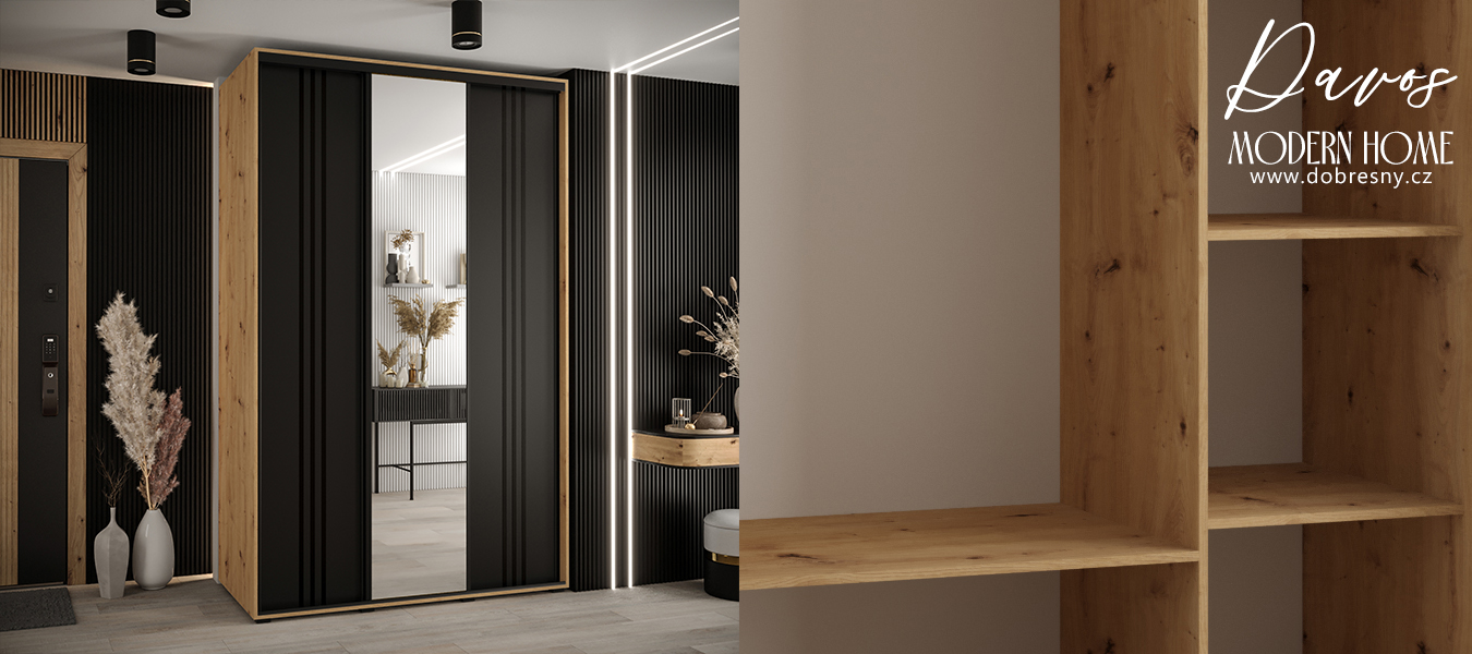 Šatní skříň DAVOS 7 posuvné dvěře a zrcadlo, 160×235×45, DUB Artisan / černá / černé