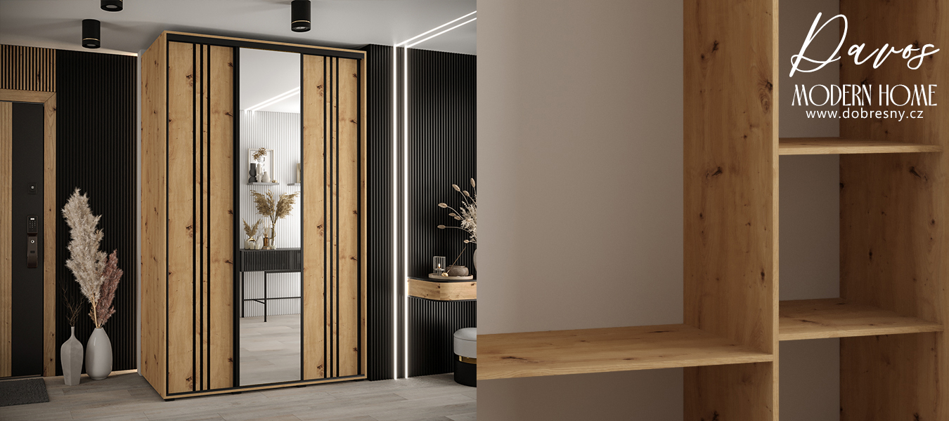Šatní skříň DAVOS 7 posuvné dvěře a zrcadlo, 160×235×45, DUB Artisan / černé pojezdy