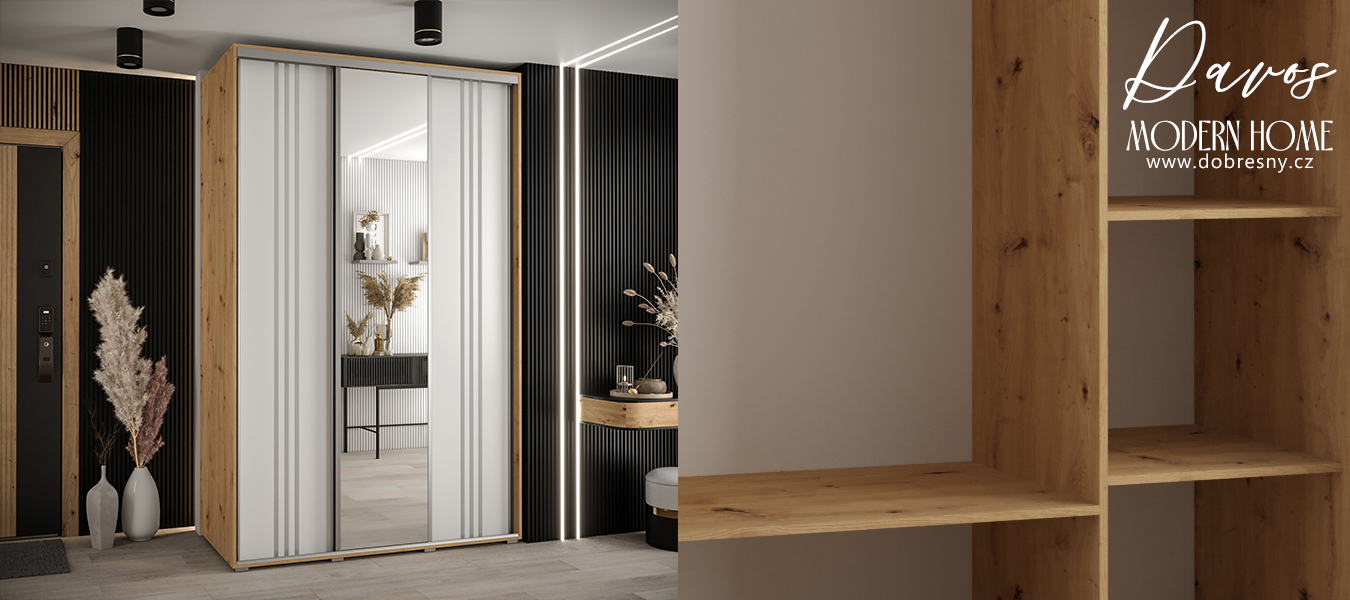 Šatní skříň DAVOS 7 posuvné dvěře a zrcadlo, 160×235×45, DUB Artisan / bílá / stříbrné