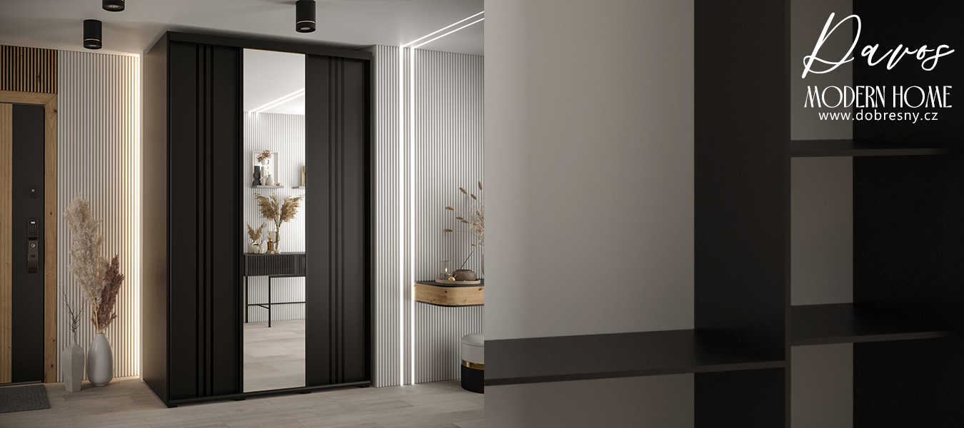 Šatní skříň DAVOS 7 posuvné dvěře a zrcadlo, 160×235×45, Černá / černé pojezdy