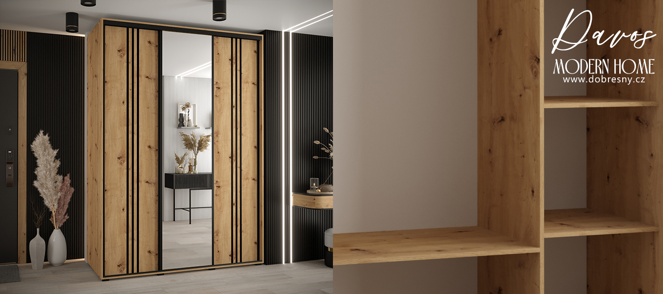 Šatní skříň DAVOS 7 posuvné dvěře a zrcadlo, 170×235×45, DUB Artisan / černé pojezdy