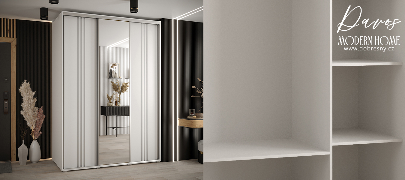 Šatní skříň DAVOS 7 posuvné dvěře a zrcadlo, 180×235×45, Bílá / stříbrné pojezdy