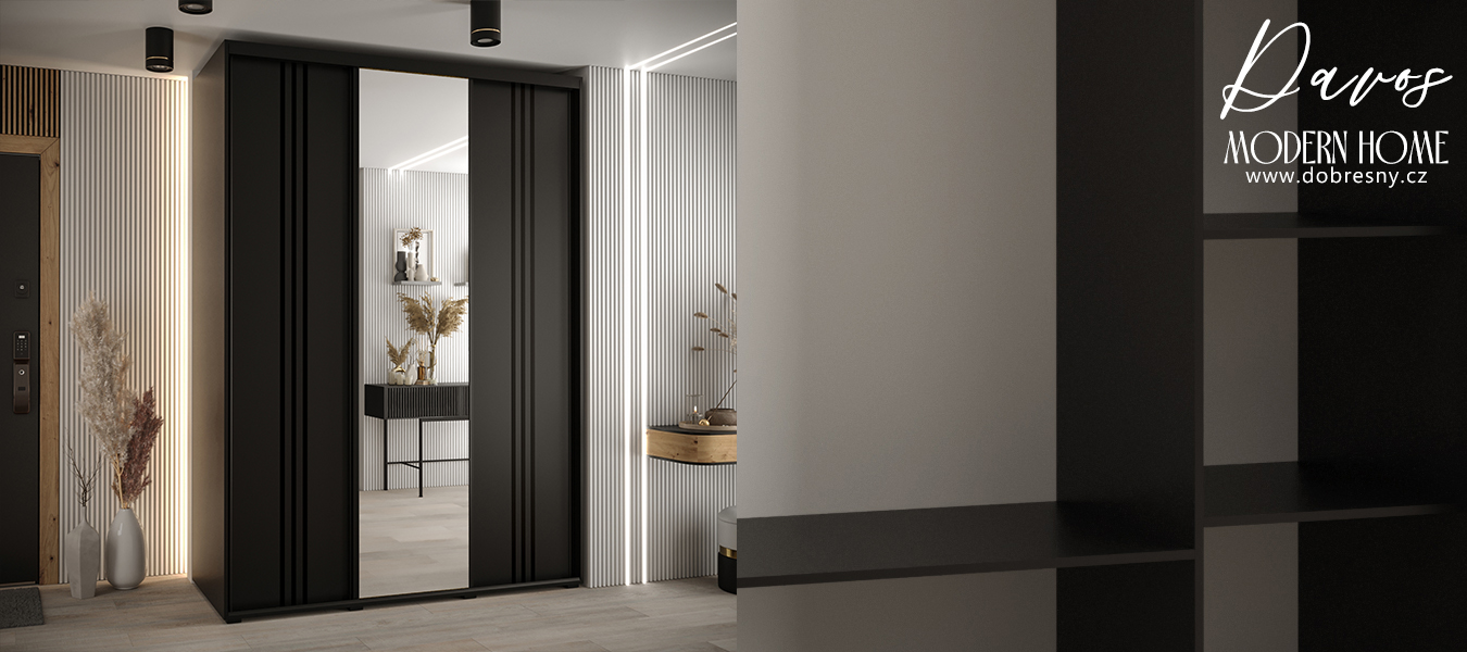 Šatní skříň DAVOS 7 posuvné dvěře a zrcadlo, 180×235×45, Černá / černé pojezdy