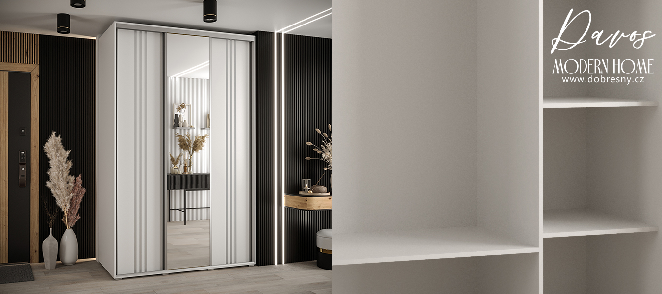 Šatní skříň DAVOS 7 posuvné dvěře a zrcadlo, 160×235×45, Bílá / stříbrné pojezdy
