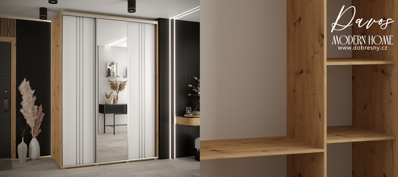 Šatní skříň DAVOS 7 posuvné dvěře a zrcadlo, 170×235×45, DUB Artisan / bílá / stříbrné