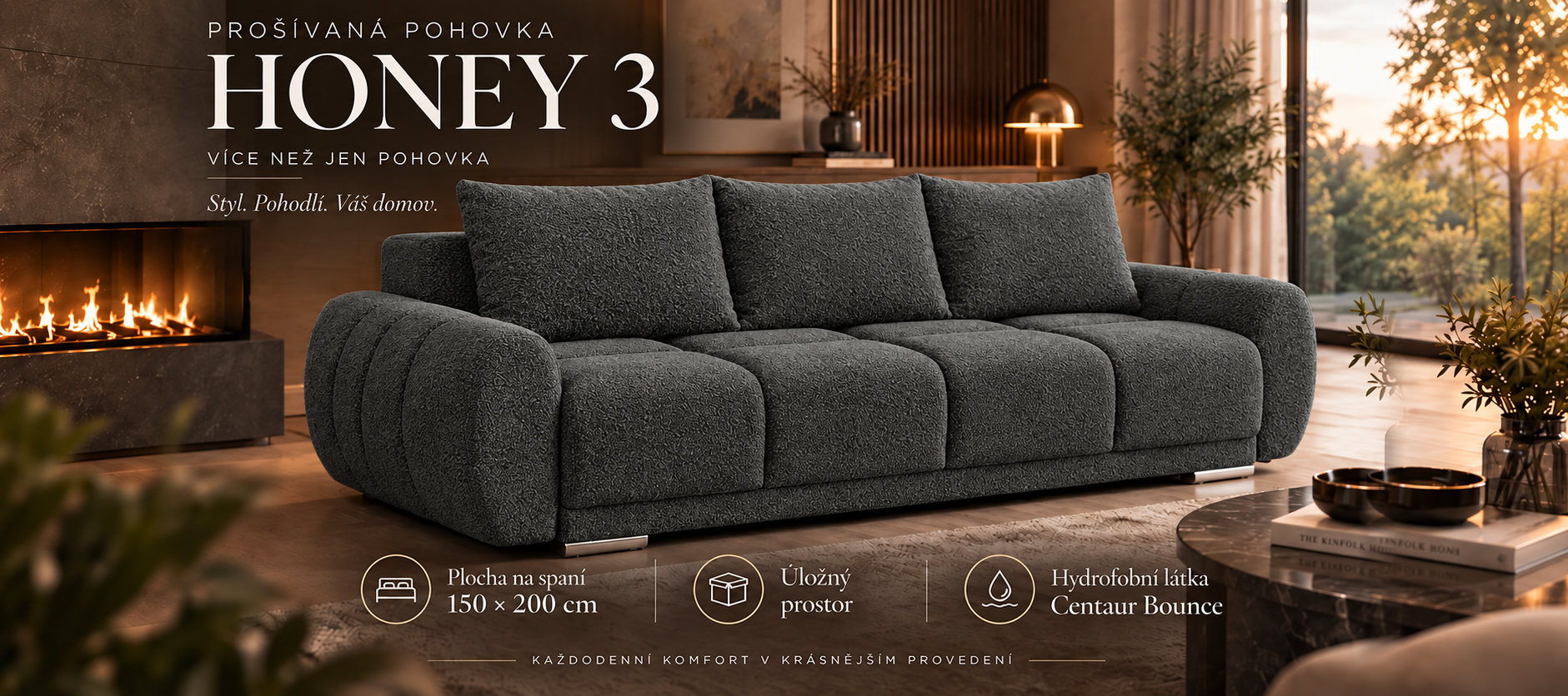 Trojmístná rozkládací pohovka s funkcí spaní LUCY 3 | 234x97x89cm | CENTAUR GRAFIT