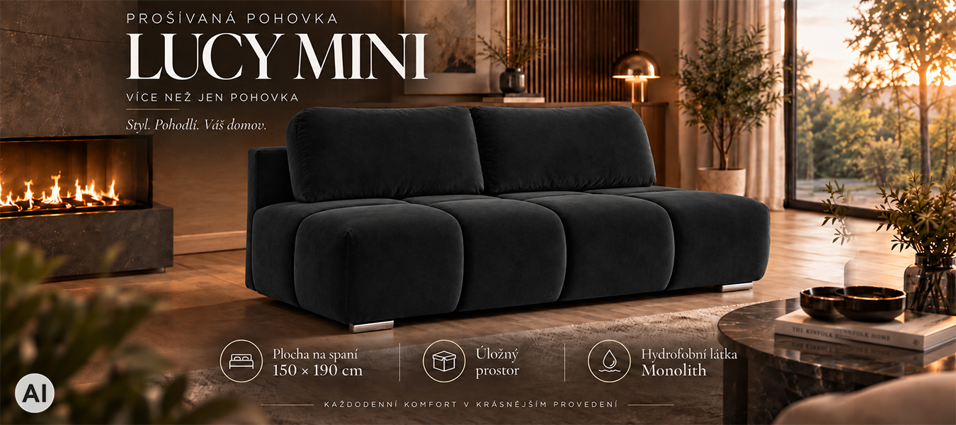 Dvoumístná rozkládací pohovka LUCY MINI | 195x104x89cm | MONOLITH ČERNÁ