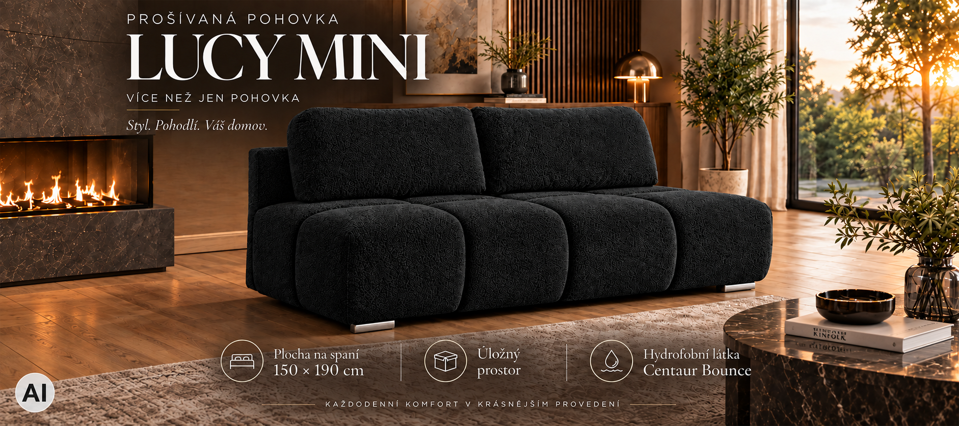 Dvoumístná rozkládací pohovka LUCY MINI | 195x104x89cm | CENTAUR ČERNÁ
