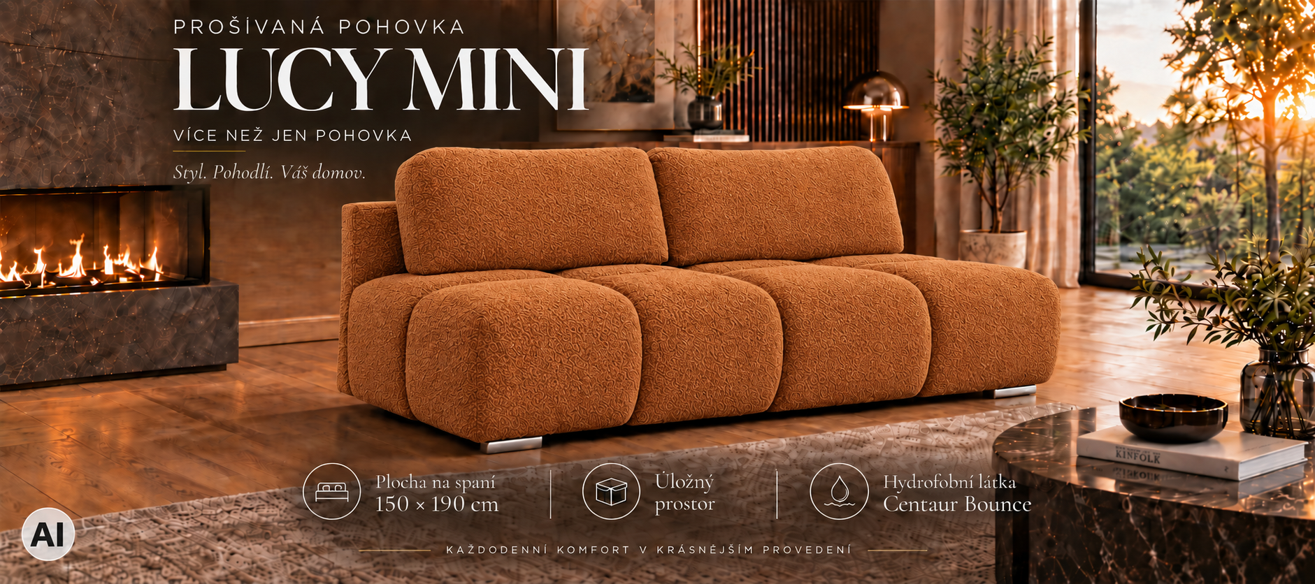 Dvoumístná rozkládací pohovka LUCY MINI | 195x104x89cm | CENTAUR CIHLOVÁ