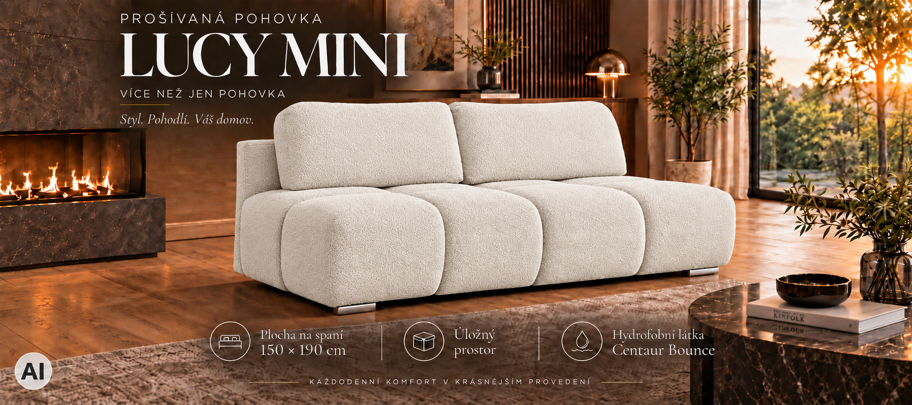Dvoumístná rozkládací pohovka LUCY MINI | 195x104x89cm | CENTAUR KRÉMOVÁ
