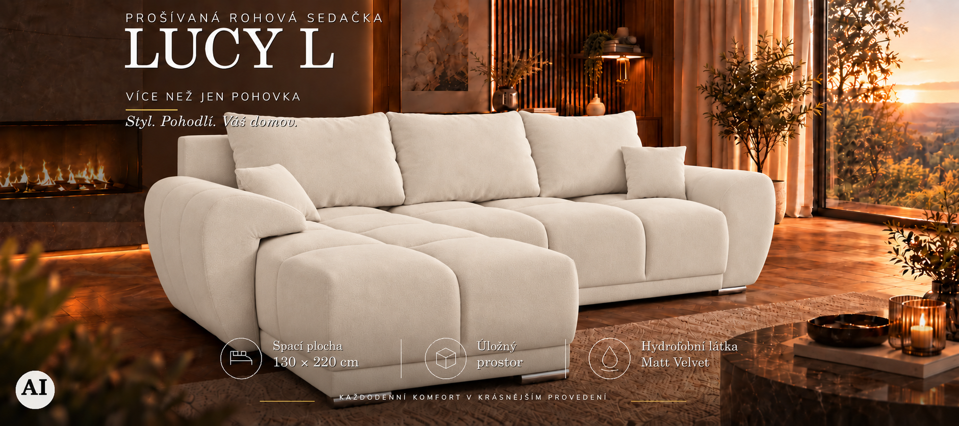 Rohová sedací souprava LUCY L | 291x183x85cm | VELVET BÉŽOVÁ