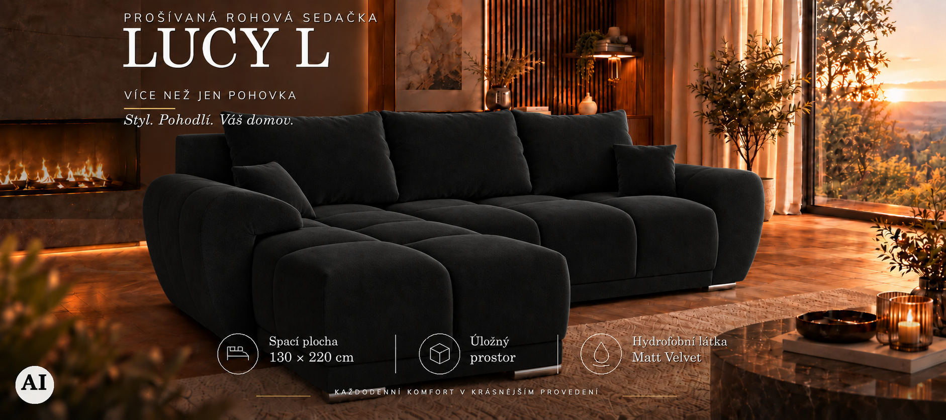 Rohová sedací souprava LUCY L | 291x183x85cm | VELVET ČERNÁ