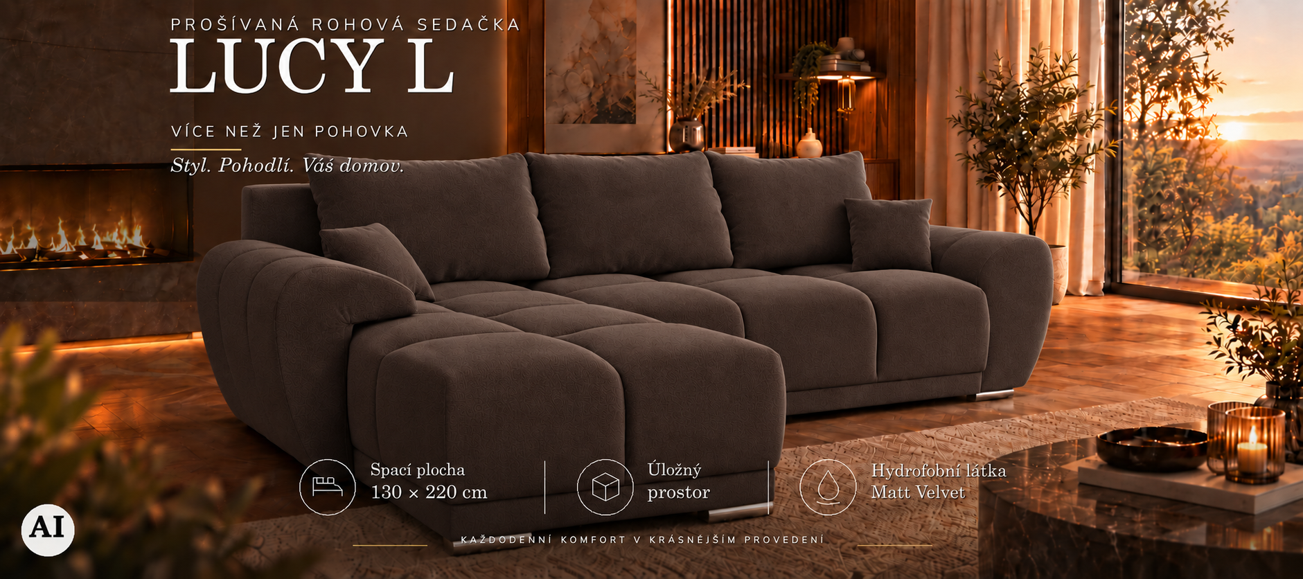 Rohová sedací souprava LUCY L | 291x183x85cm | VELVET HNĚDÁ