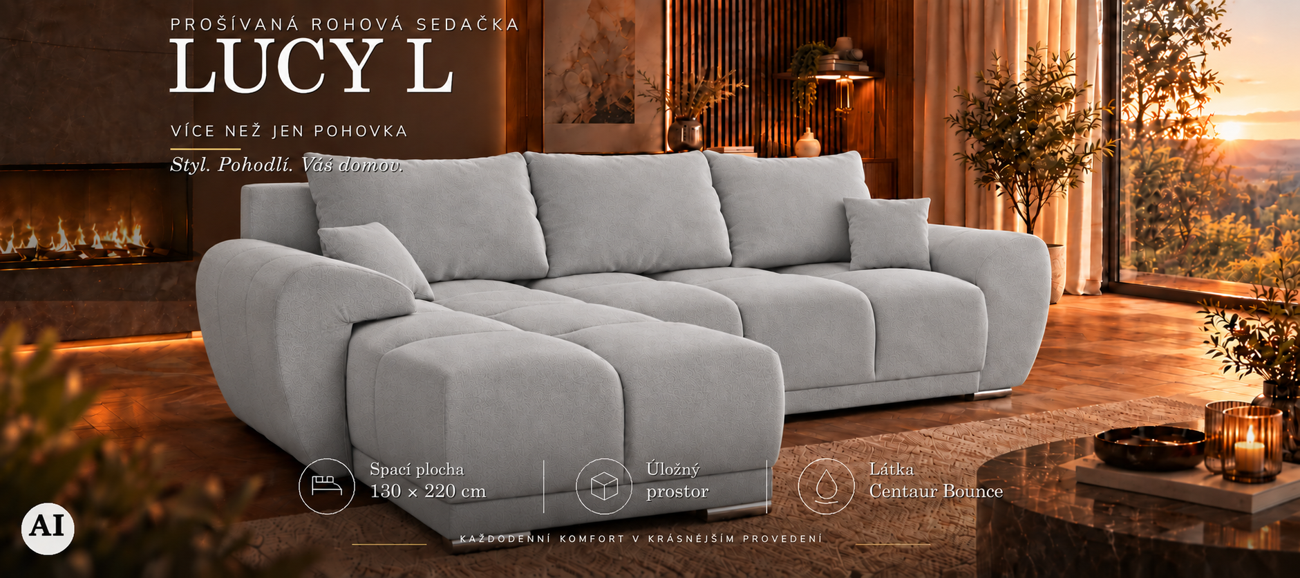 Rohová sedací souprava LUCY L | 291x183x85cm | VELVET ŠEDÁ