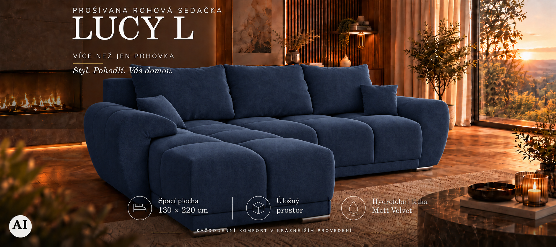 Rohová sedací souprava LUCY L | 291x183x85cm | VELVET MODRÁ